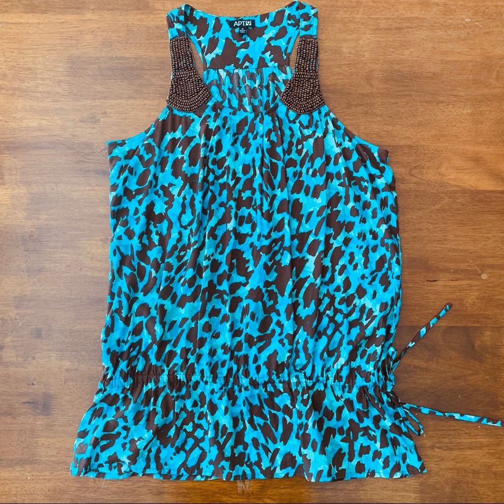 Blue Animal Print Beaded Shoulder Tank Top
